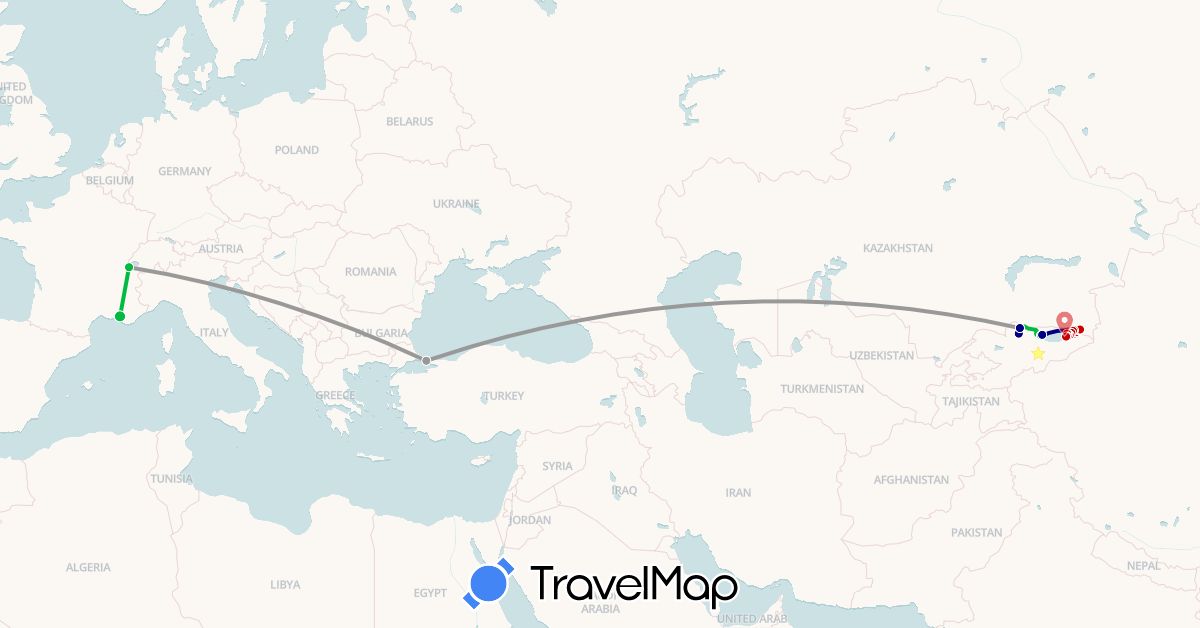 TravelMap itinerary: driving, bus, plane, cheval in Switzerland, France, Kyrgyzstan, Kazakhstan, Turkey (Asia, Europe)